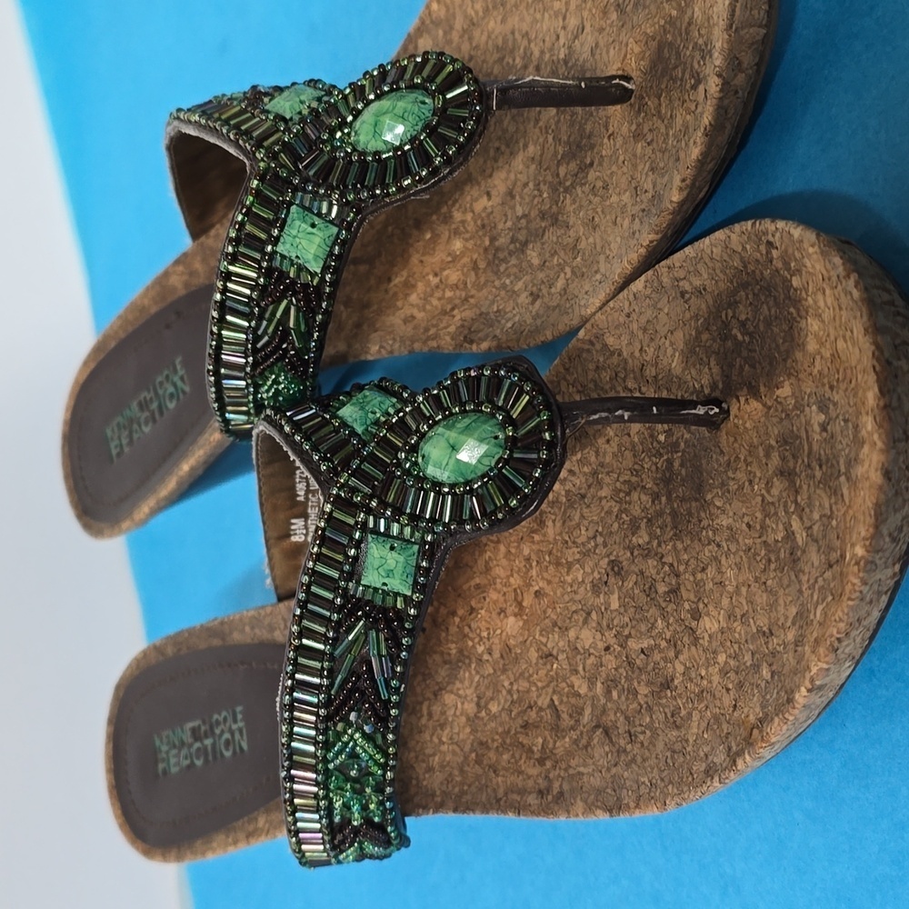 Kenneth Cole Reaction Turquoise Beaded Woven Cork Wedge Thong Sandals Shoes - Picture 4 of 11